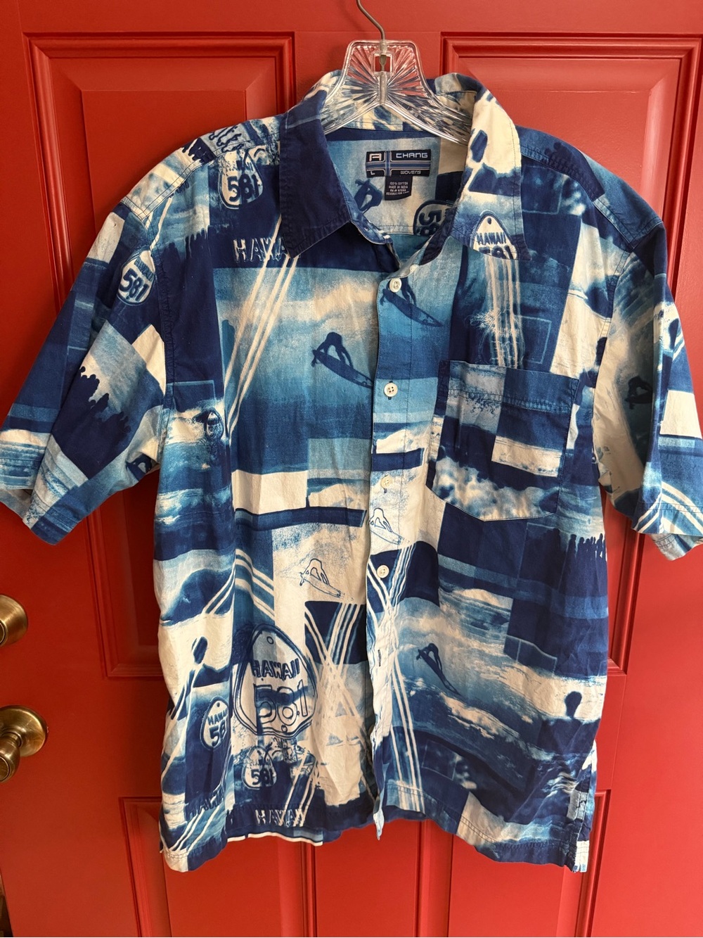 Vintage Chang Wovens Men's Blue & White Hawaiian style Printed Button-Up Shirt